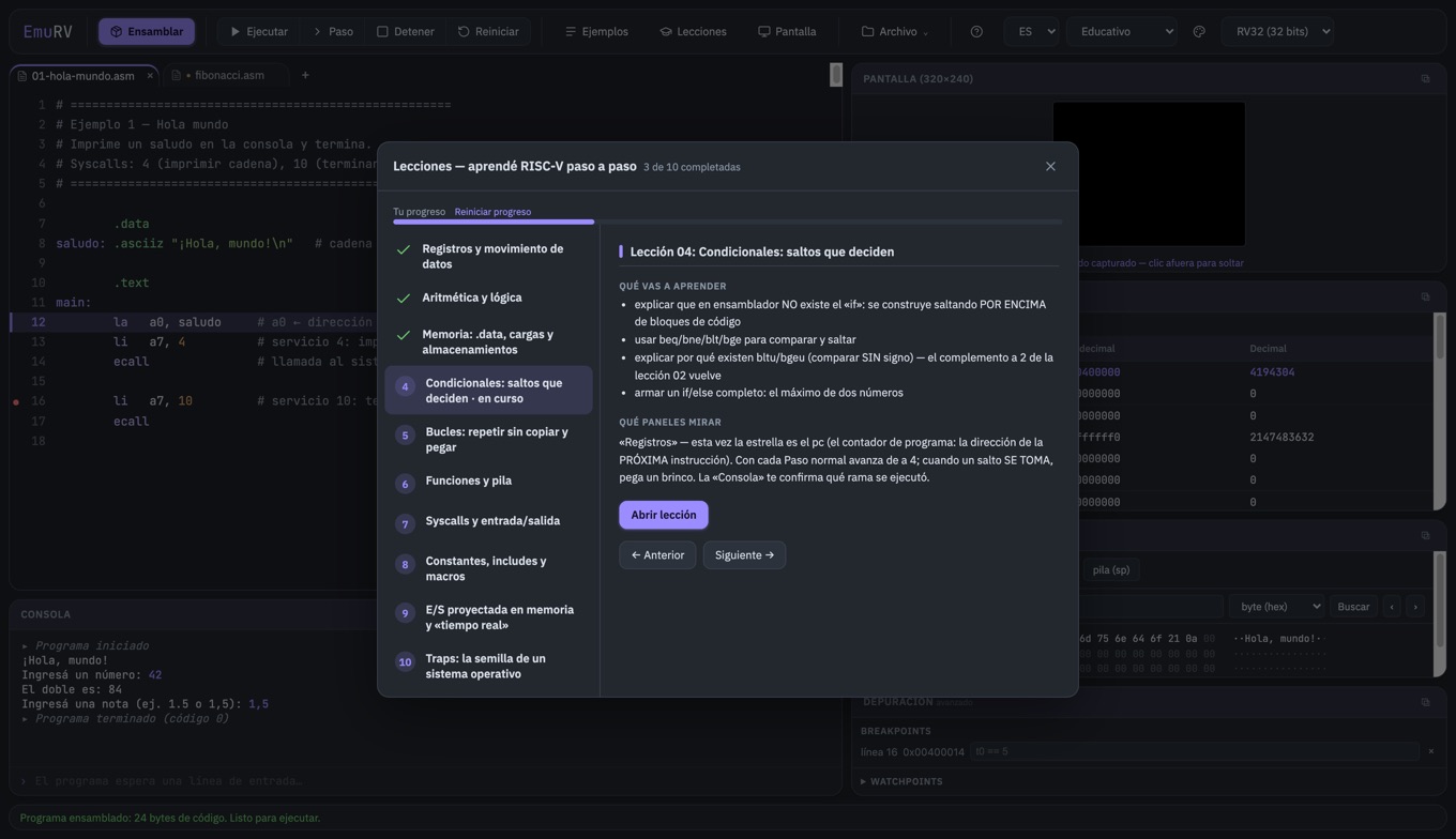 EmuRV lessons modal: two-column curriculum with the lesson list and progress bar on the left and the selected lesson's objectives on the right