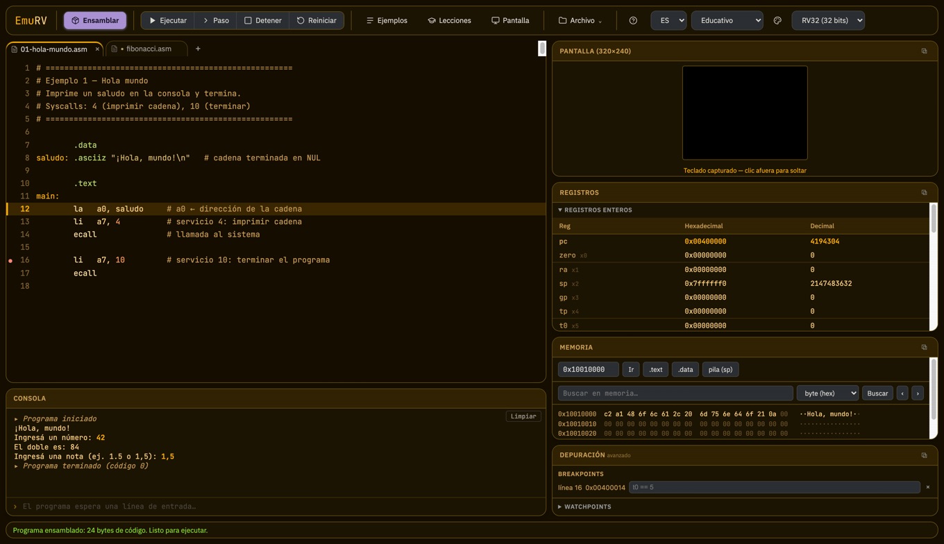 EmuRV with the Retro-CRT theme: amber phosphor on black with scanlines