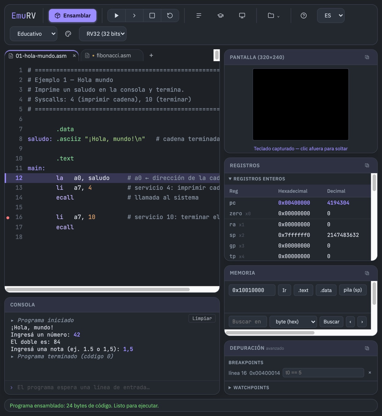 EmuRV in a narrow window: toolbar buttons collapse to icon-only and the controls rewrap